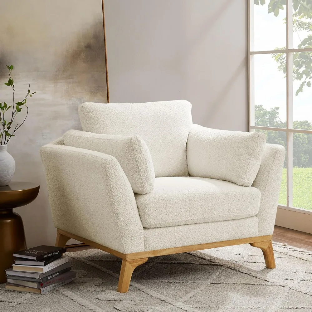 Large-Sized Accent Chair, Thick Cushion Bedroom Reading Chair, Comfortable Living Room Single Sofa, Boucle Milky,Customized