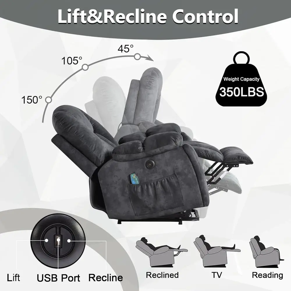 Elderly-Friendly Heavy-Duty Recliner with Massage, Heat and USB Port, Gray, Customized - Image 3