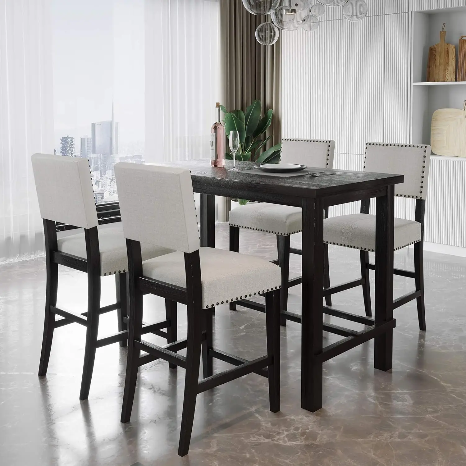 5 Piece Kitchen Table Set Counter Height Dining Table Set with Rectangle Table and 4 Cushioned Chairs for Small, Customized