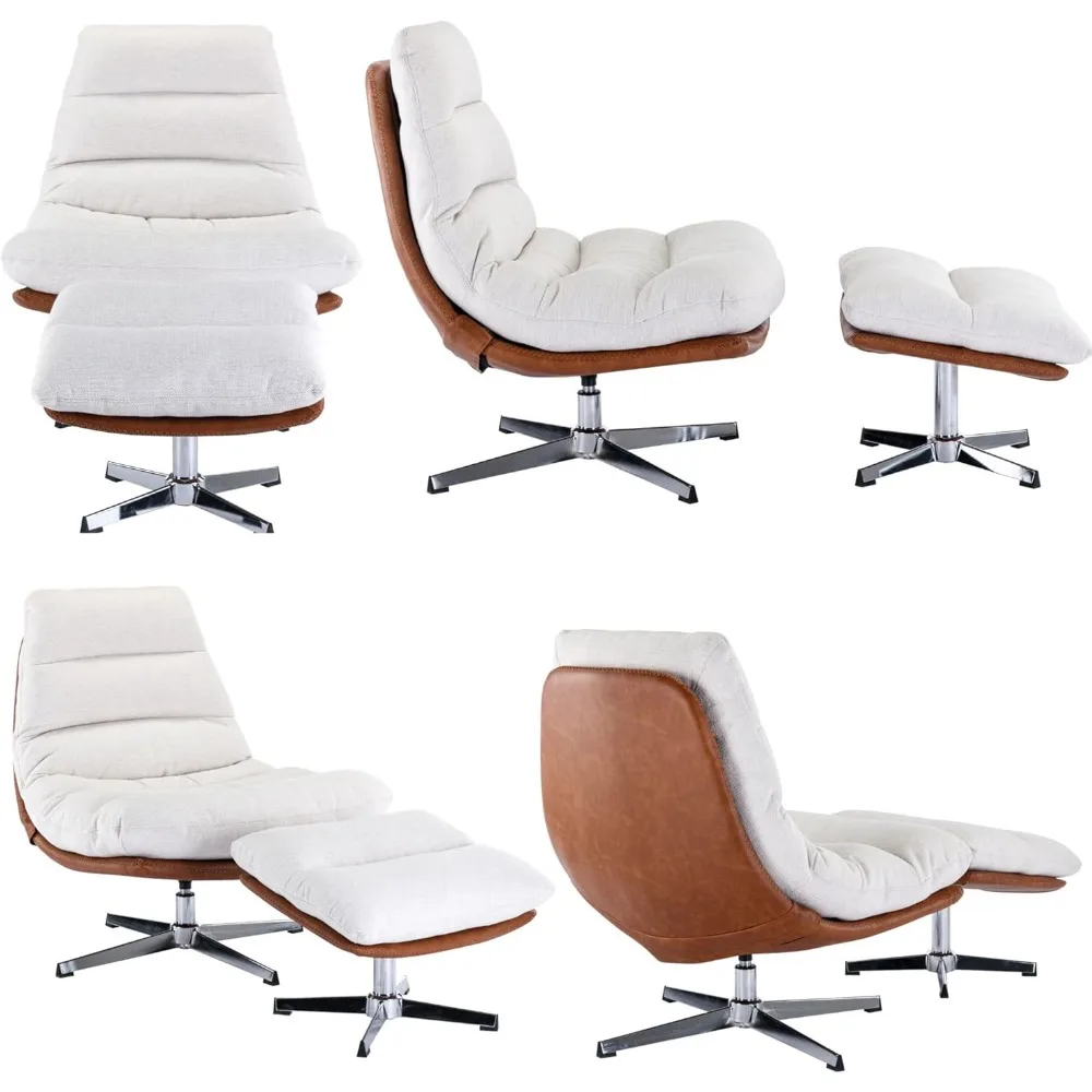 Modern Swivel Accent Chair with Ottoman Set, Linen Oversized Armless Reading Chair with Footrest, 33'' Wide Upholstered Lounge - Image 6