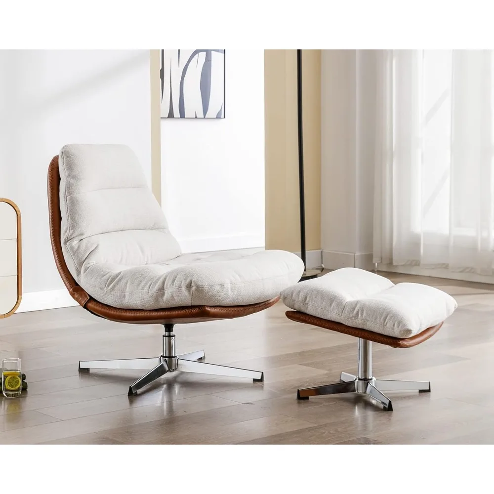 Modern Swivel Accent Chair with Ottoman Set, Linen Oversized Armless Reading Chair with Footrest, 33'' Wide Upholstered Lounge - Image 3