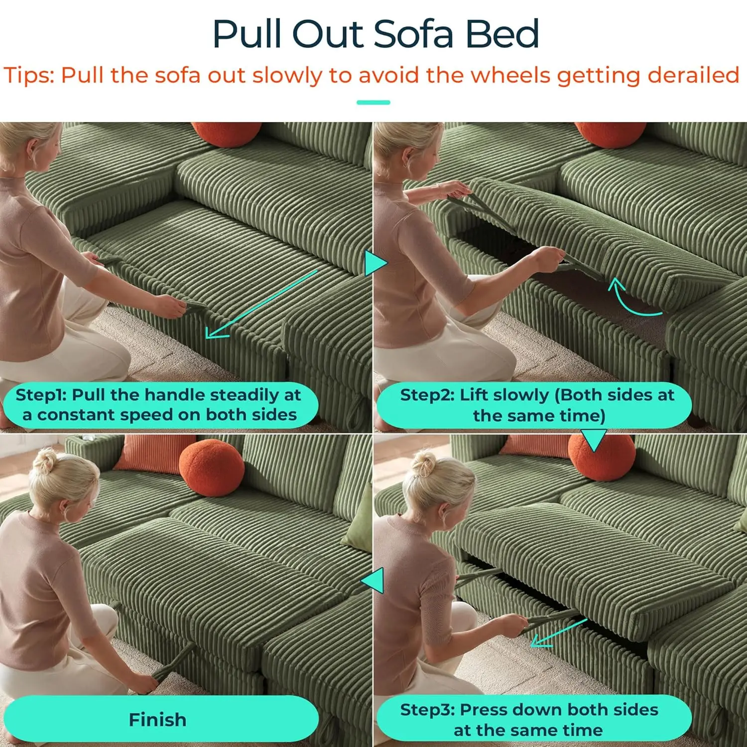 Sectional Sleeper Sofa with Pull Out Couch Bed Convertible Plush Corduroy Cloud Couch with Storage Chaise & USB, Customized - Image 5
