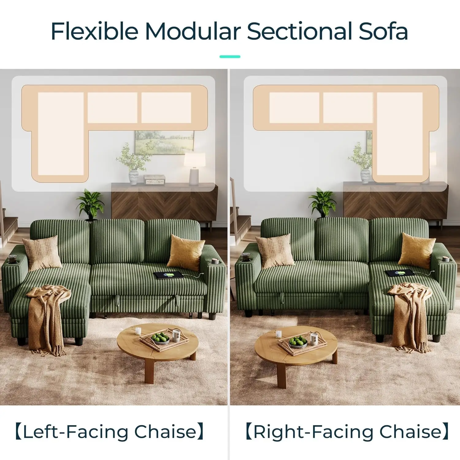 Sectional Sleeper Sofa with Pull Out Couch Bed Convertible Plush Corduroy Cloud Couch with Storage Chaise & USB, Customized - Image 4