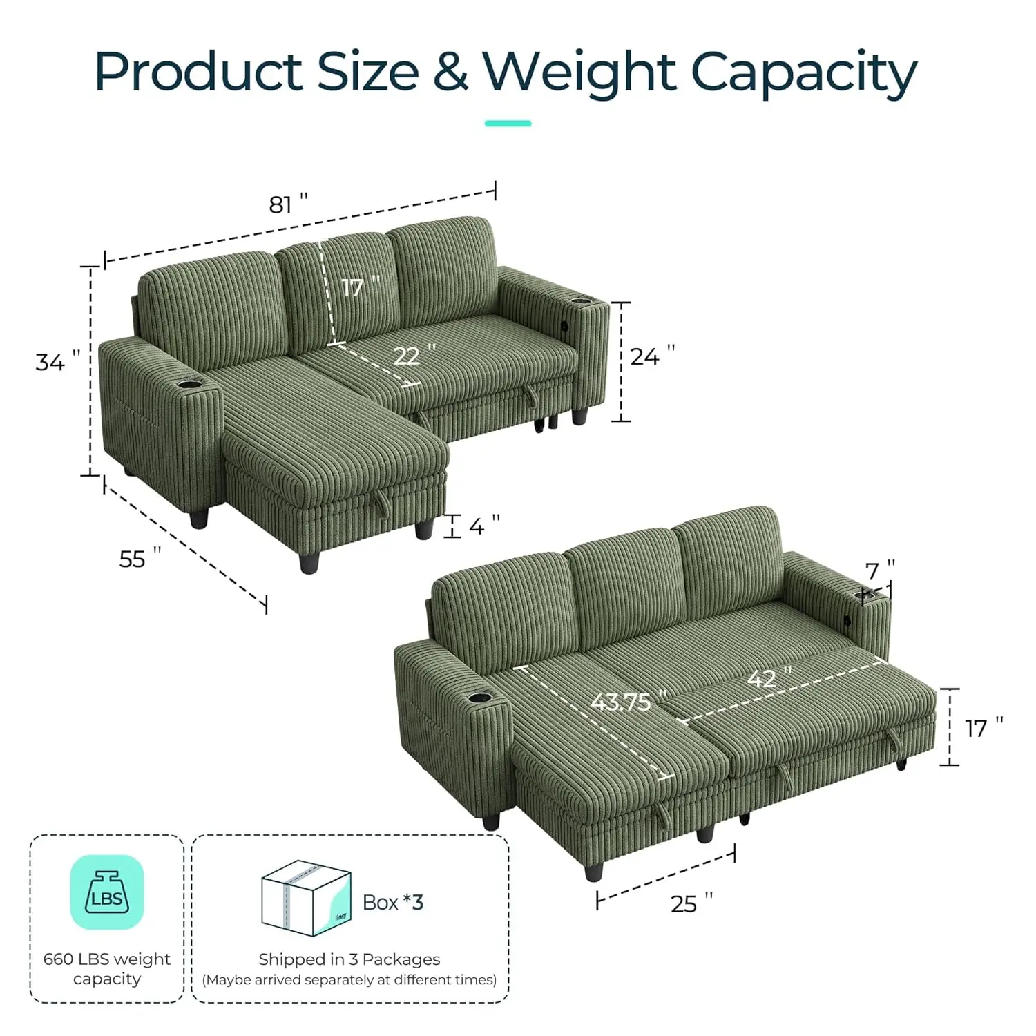 Sectional Sleeper Sofa with Pull Out Couch Bed Convertible Plush Corduroy Cloud Couch with Storage Chaise & USB, Customized - Image 2