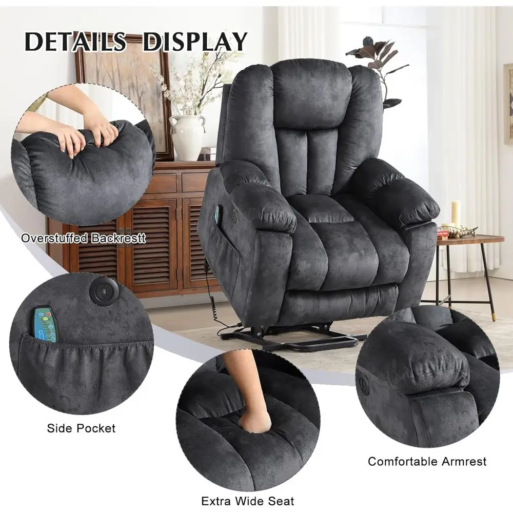 Elderly-Friendly Heavy-Duty Recliner with Massage, Heat and USB Port, Gray, Customized - Image 6